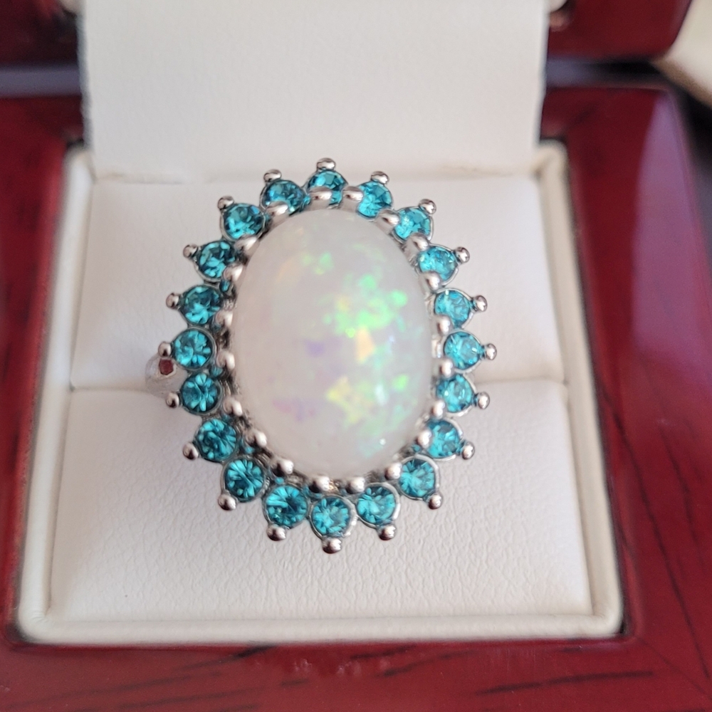 Opal and blue stone silver tone ring